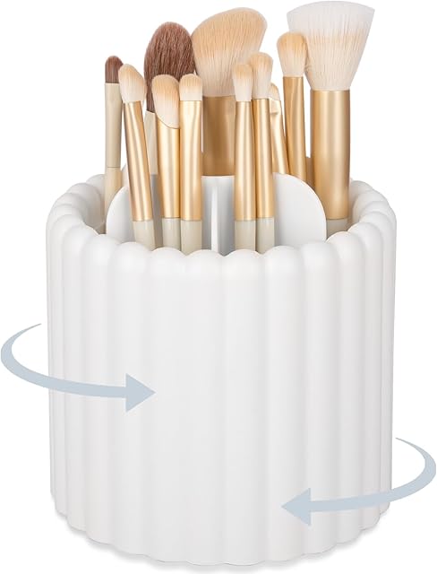 Anyoifax 360 Rotating Makeup Brush Holder 7 Slots Make Up Brush Organizer Removable Spinning Cosmetic Brushes Storage Pen Holder for Vanity, Dresser, Desk, White