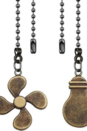 2Pack Metal Ceiling Fan Pull Chain, 12inch Fan and Bulb Pattern Ornaments Cord Extension, 3mm Ball Chain Pull Pendant Extender with Connector, Bronze