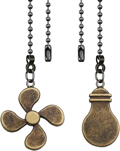 2Pack Metal Ceiling Fan Pull Chain, 12inch Fan and Bulb Pattern Ornaments Cord Extension, 3mm Ball Chain Pull Pendant Extender with Connector, Bronze