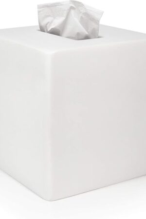 White Tissue Box Cover - Modern Tissue Holder, Lacquer High Gloss Finish & Rounded Edges - Cube Square Box. Bathroom, Desks, Kitchen Countertop, Dressers - Wont Move When You Pull a Tissue!