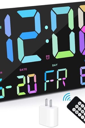 Amgico Digital Alarm Clock with Snooze, Temperature, Auto Dimming, 11.5" Large Display Calendar, Desk/Wall Clock for Bedroom, Living Room, Office, Home, Classroom, Kids, Elderly - Rainbow