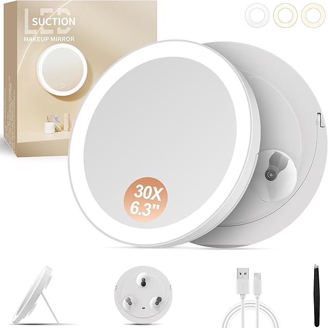 30X Lighted Magnifying Mirror with 3 Suction Cups and Foldable Kickstand, 6.3" Portable Makeup Mirror for Travel, 3 Color Dimmable Lights, USB-C Rechargeable, White