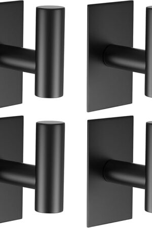 VAEHOLD Wall Towel Hooks, Heavy Duty Sticky Holder Waterproof Towel Hooks for Hanging Coat, Clothes, Closet Hook Wall Mount for Kitchen (Black, 4 Pack)
