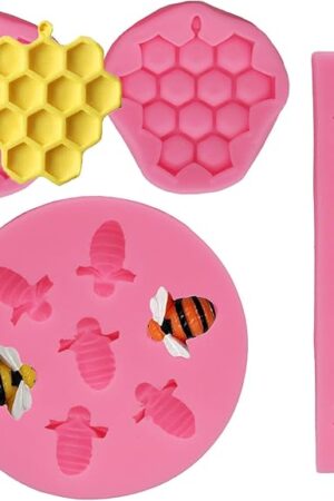 4 Pcs Bumble Bee Silicone Mold Honeycomb Sunflower and Bee Fondant Molds Kit Cupcake Hive DIY Chocolate Fondant Candy Cookies Crafting Party Wedding Cake Sugar Dessert Decorating Baking Mold (Pink)