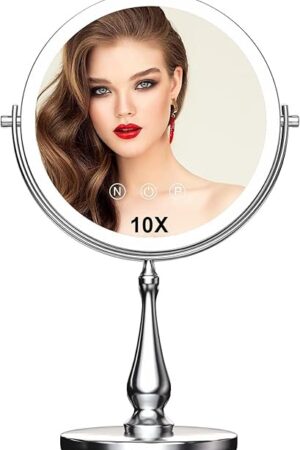 9" Large Lighted Makeup Mirror, 1X/10X Magnifying Vanity Mirror with 3 Colors Dimmable Lightning, 80 LED Lights, 360ยฐRotation Double Sided Standing Desk Mirror