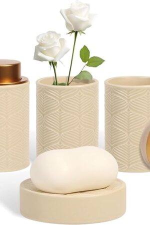 Ceramic Bathroom Accessories Set, 4 Pcs-Includes Lotion Soap Dispenser, Toothbrush Holder, Vanity Tray, and Tumbler, Modern Bathroom Decor Organizer with Soap Dish, Apothecary Jar, Beige Color