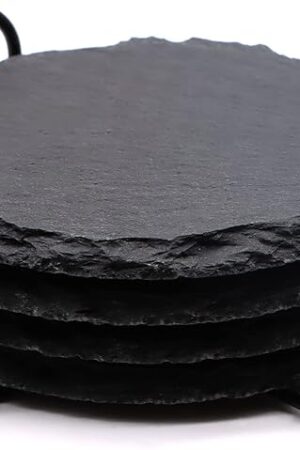 4 PCS Round Slate Drink Coasters Set, SIJDIEE 4 Inch Laser Engraving Black Slate Stone Coasters with Anti-Scratch Bottom and Coaster Holder for Office Bar Kitchen Home Dinner Table Decor Supplies
