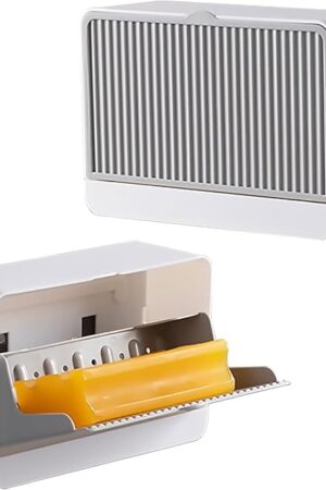 2 Pack Dust-Proof Soap Holder for Shower Wall, Adhesive Wall-Mounted Bar Soap Dish, No-Drill Plastic Soap Saver with Drain, xicveiuz White-Grey