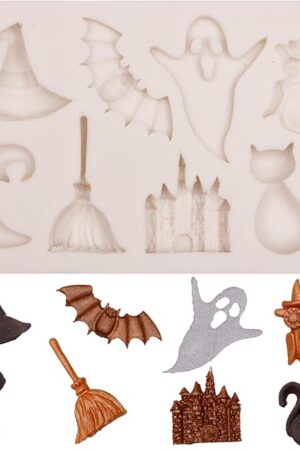Witch Hat Moon Magic Fairy Castle Fondant Mold, Halloween Ghost Bat Owl Cat Silicone Chocolate Molds for Cake Decoration Cupcake Topper Candy Gum Paste Sugar Craft Clay Resin