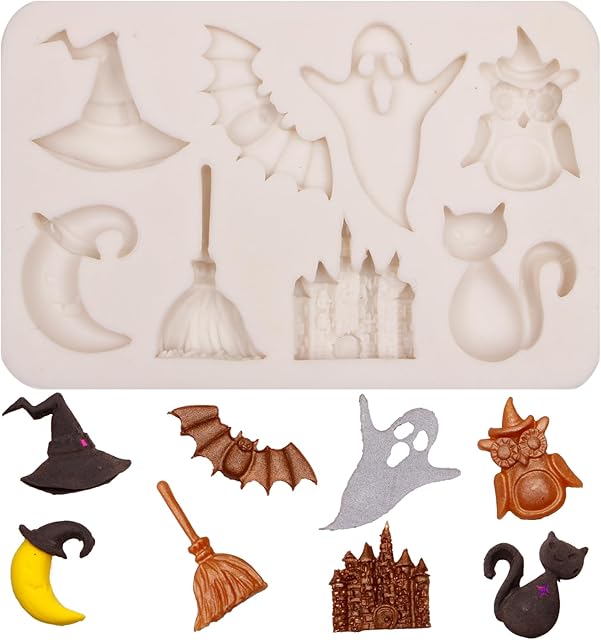 Witch Hat Moon Magic Fairy Castle Fondant Mold, Halloween Ghost Bat Owl Cat Silicone Chocolate Molds for Cake Decoration Cupcake Topper Candy Gum Paste Sugar Craft Clay Resin