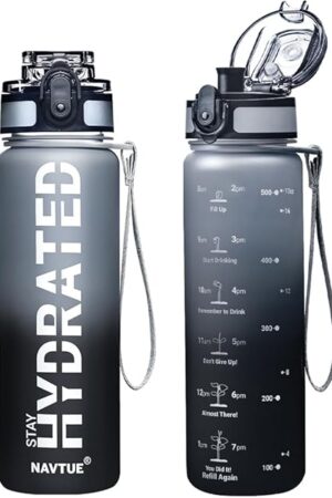 Water Bottle, 16oz Sports Water Bottles with Time Marker Wide Mouth, Motivational and Leakproof Drink Bottle, BPA Free Tritan with Carry Strap for Gym Fitness Outdoor(Direct Drink)