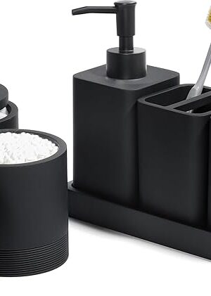 Bathroom Accessories Set, 6 Piece Bathroom Set with Toothbrush Holders, Soap Dispenser, Vanity Tray, Tumbler, Cotton Swab Jars, Bathroom Organizer，Bathroom Sink Sets, Matte Black
