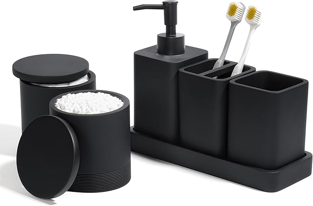 Bathroom Accessories Set, 6 Piece Bathroom Set with Toothbrush Holders, Soap Dispenser, Vanity Tray, Tumbler, Cotton Swab Jars, Bathroom Organizer,Bathroom Sink Sets, Matte Black