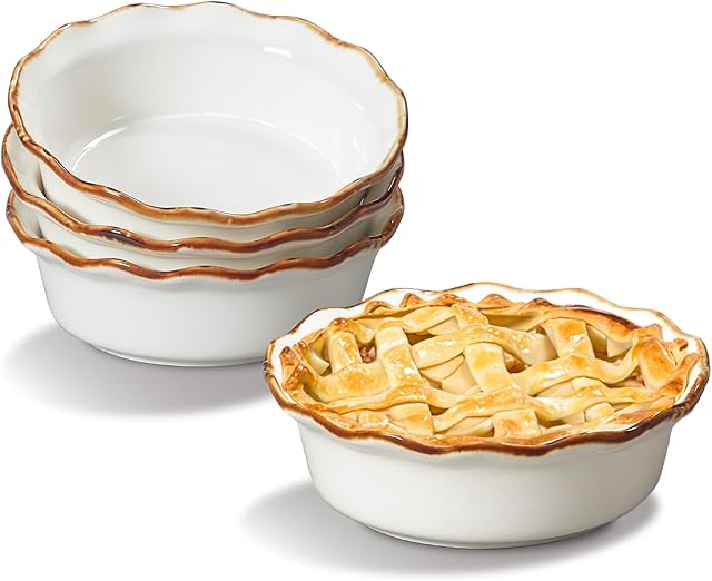 ONEMORE Mini Pie Pans, 6.8 inch Ceramic Pie Pans for Baking Nonstick Small Pie Pans Deep Dish Pie Plates Mini Tart Pans, Ideal for Chicken Pot Pie & Desserts, Individual Pot Pie Baking Dishes Set of 4