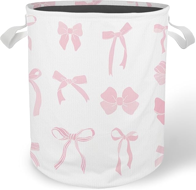 Coquette Pink Bow Laundry Basket Hamper, Toybox for Girls, Preppy Girly Bow Waterproof Collapsible Storage Bin Organizer for Bedroom Bathroom Girls Room Dorm Clothes Toys Books
