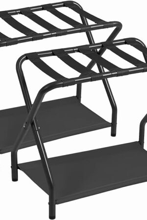 AMHANCIBLE Luggage Rack, Set of 2, Foldable Suitcase Stands for Guest Room, Metal Luggage Holder with Storage Shelf for Bedroom, Hotel, Easy Assemble, Black HLR02BK