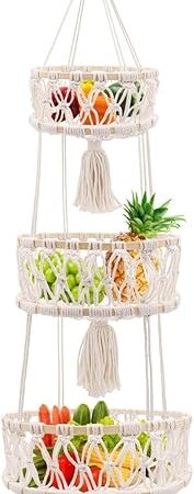 3 Tier Hanging Basket, Macrame Hanging Basket for Fruit and Vegetable Storage, Cotton Rope Woven Baskets for Kitchen, Decorative Boho Decor Hanging Plant Holder