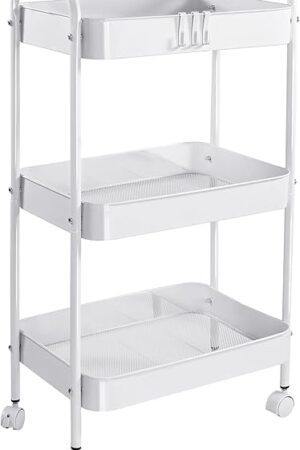 Vtopmart 3 Tier Metal Rolling Cart with Wheels, Utility Storage Cart with Handle and Lockable Casters, Storage Basket Organizer Shelves, Easy Assemble for Kitchen, Living Room, Office, Nursery, White