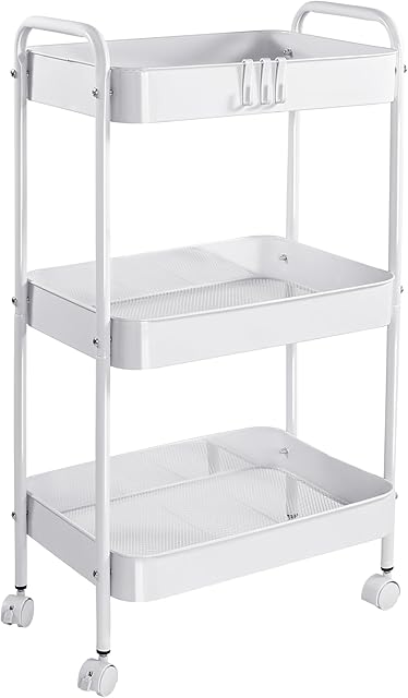 Vtopmart 3 Tier Metal Rolling Cart with Wheels, Utility Storage Cart with Handle and Lockable Casters, Storage Basket Organizer Shelves, Easy Assemble for Kitchen, Living Room, Office, Nursery, White