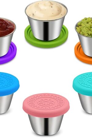 6Pack 2.4oz Salad Dressing Container To Go, Small Stainless Steel Condiment Containers with Silicone Lids, Leakproof Reusable Dipping Sauce Cups for Lunch Box