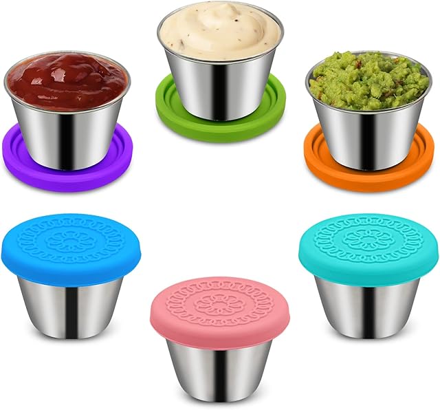 6Pack 2.4oz Salad Dressing Container To Go, Small Stainless Steel Condiment Containers with Silicone Lids, Leakproof Reusable Dipping Sauce Cups for Lunch Box