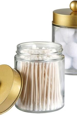 Amolliar Apothecary Jars Bathroom Storage Organizer -Countertop Storage Organizer Canister Jar - Cute Qtip Dispenser Holder Glass with Lid- for Cotton Swabs,Bath Salts,Hair Band / 2-Pack(Gold)