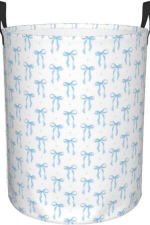 Blue Bow Laundry Basket Preppy Foldable Laundry Hamper Cloth Tote Bag Clothes Storage Bucket Toy Organizer For Bathroom Bedroom