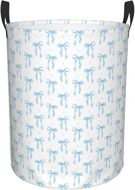 Blue Bow Laundry Basket Preppy Foldable Laundry Hamper Cloth Tote Bag Clothes Storage Bucket Toy Organizer For Bathroom Bedroom