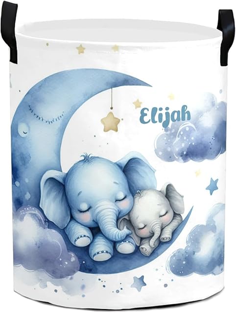 Personalized Laundry Basket,Elephant Blue Safari Animal Moon Clothes Hamper Storage Basket with Name for Bathroom Bedrooms, Customized Name Circular Hamper with Handles Gift for Boys Girls