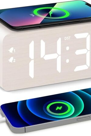 Wooden Digital Alarm Clock, 10W Fast Wireless Charger Station & 2 USB Charging Ports, with 0~99% Dimmer, Dual Alarm, Weekday/Weekend Mode, Wood LED Clock for Bedroom, Desk, Office