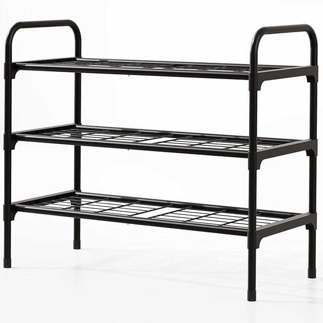 3-Tier Shoe Rack Organizer & Shoe Storage - Spacious Design, Durable Rustproof Iron, Entryway Shelf for Sneakers & Heels, Black