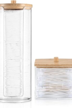 2 Pcs Cotton Pad Holder, Bathroom Makeup Organizers Containers for Cotton Ball/Cotton Swab/Cotton Round Pads/Floss/Hair Ties Canister Vanity Storage Jars Dispenser Holder wuth Bamboo Lid