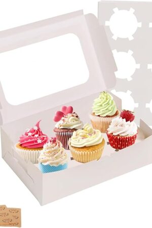Yeplan 50 Packs Cupcake Boxes,9.4x6.1x3.14 Inches 6 Count Cupcake Box,White Cupcake Containers with Clear Window and Six Treat Holder,Pastry and Cookie Boxes,Bakery Boxes