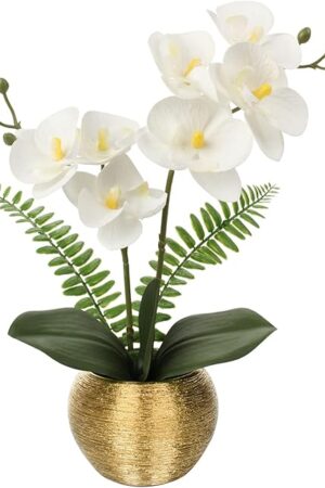 Briful Orchids Artificial Flowers 13'' Fake Orchid Flowers in Gold Ceramic Vase Silk Phalaenopsis White Orchid Flowers for Home Office Wedding Party Table Centerpiece Decor