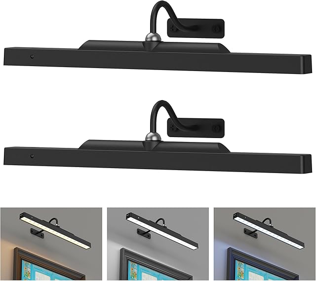 Wireless Dimmable Picture Light Black,16in Battery Operated Art Light for Wall Paintings – 5000mAh Rechargeable, Remote, 3 Color Temps, 350LM Wall Art Light for Frame, Portrait, Dartboard 2 Pack