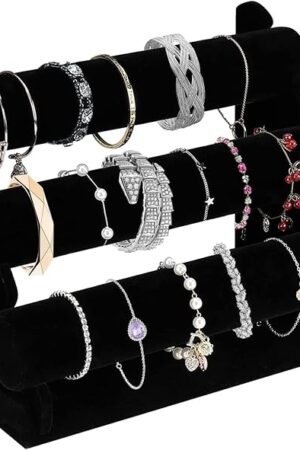 Velvet Bracelet Holder with 3 Tier Rack, Black Detachable Jewelry Display Stand T-Bar Necklace Storage Organizer for Bangles Watch Bracelets Scrunchies Organization Showcase