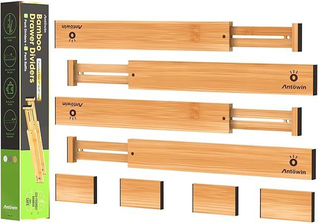 ANTOWIN Bamboo Drawer Dividers 17-22 inches Long for Large Utensil Clothes Tools Drawers yellow