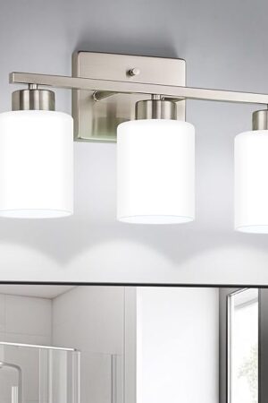 Brushed Nickel Bathroom Light Fixtures, 3-Light Modern Vanity Light Over Mirror, Wall Sconces with Milky White Frosted Glass Shades, E26 Socket (Bulbs Not Included)