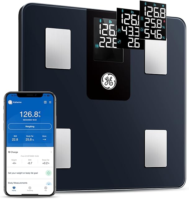 GE Smart Scale for Body Weight and Fat Percentage with All-in-one LCD Display, Digital Bathroom Weight Scales Bluetooth Body Composition Analyzer with App, Accurate Weighing, 400 lbs / 180 kg
