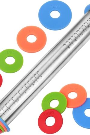 Adjustable Rolling Pin with Thickness Rings for Baking, Stainless Steel Designs Dough Roller Pins for Cookie Decorating Baking Supplies Fondant Cake Baker