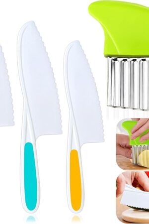 4 Pcs Kids Knife Set, Kids Kitchen Knife with Crinkle Cutter, Serrated Edges Plastic Toddler Chef Knife for Real Cooking & Cutting Fruit Bread