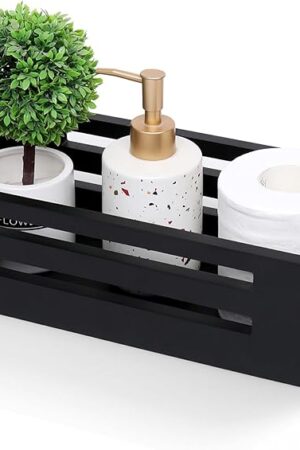 Black Decor Box Wooden Toilet Tank Paper Basket with Handles for Organizing,Bathroom Decor Box for Toilet Paper Storage