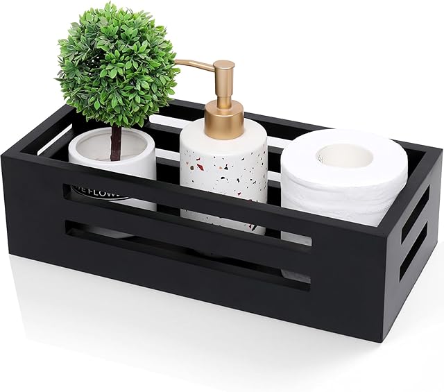 Black Decor Box Wooden Toilet Tank Paper Basket with Handles for Organizing,Bathroom Decor Box for Toilet Paper Storage