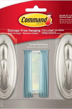 Command 5 lb Large Brushed Nickel Color Hooks, 2-Pack of 2 Wall Hooks and 2 Command Strips, Hooks for Hanging Home Decor, Wall Decor, and Room Decor