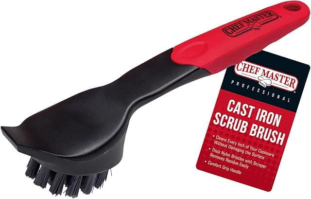 Cast Iron Scrub Brush & Scraper, Heavy Duty Scraper & Superior Nylon Bristles, Dish Scrubber Brush for Cast Iron Skillets, Cast Iron Pan Cleaning Brush for Grease & Food Build-up by Chef Master 90058
