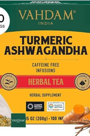 VAHDAM, Turmeric Ashwagandha Herbal Tea Bags (100 Count) Caffeine Free, Non GMO, Gluten Free | 100% Pure Herbal Blend - Sweet & Earthy | Whole Leaf Tea Bags | Resealable Ziplock Pouch