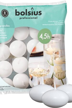 Bolsius White Floating Candles 20 Count - 1.75 Inch, 5 Hour Long Lasting Candle Set Romantic Decoration for Special Night, Pool, Party, Wedding, Cylinder Vases for Centerpiece