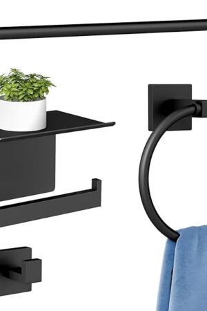 Bathroom Hardware Accessories Set 4-Pieces, Towel Racks for Bathroom Wall Mounted, Stainless Steel 24Inch Black Towel Bar Set, Round Towel Ring, Towel Hook, Toilet Paper Holder with Shelf
