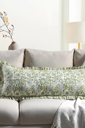 CPC Agate Green 100% Cotton Block Print Ruffle Sham Cover 14x36 inch, Handmade Boho Floral Pillowcase, Farmhouse Cottagecore Bedding, Soft Decorative Cushion Cover for Bedroom Décor
