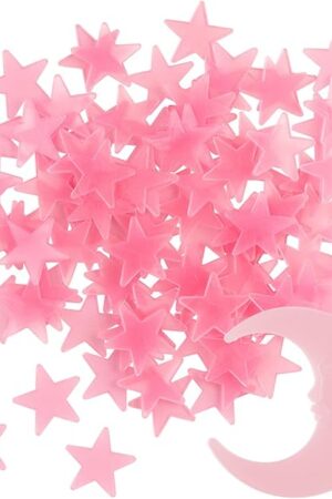 100 Stars and 1 Moon Glow in The Dark Luminous Fluorescent 3D Plastic Glow Stars Moon for Ceiling, Glowing Wall Stickers Create a Realistic Starry Sky, Room Decorations (Pink)